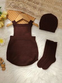 SHEIN 女嬰純色休閒日常穿著吊帶連身褲 - 棕色 - 查看 2