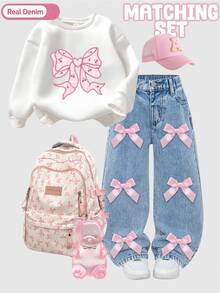 Girls Girly Cowgirl Western Style 2-Piece Set - Baby Blue Bow Decor Sweatshirt Top Matching Wide Leg Denim Jeans, Sweet Cute Casual Outfit Fall - Multicolor - View 2