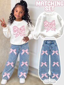 Girls Girly Cowgirl Western Style 2-Piece Set - Baby Blue Bow Decor Sweatshirt Top Matching Wide Leg Denim Jeans, Sweet Cute Casual Outfit Fall - Multicolor - View 4