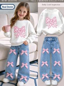 Girls Girly Cowgirl Western Style 2-Piece Set - Baby Blue Bow Decor Sweatshirt Top Matching Wide Leg Denim Jeans, Sweet Cute Casual Outfit Fall - Multicolor - View 1