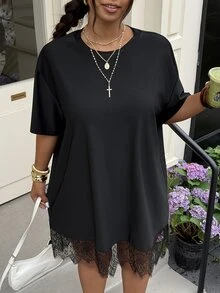 GalTyme Plus Size Women's Solid Color Round Neck Drop Shoulder Lace Hem Loose Dress Concert Black Summer Business Casual - Black - View 5