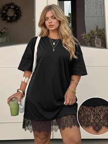 GalTyme Plus Size Women's Solid Color Round Neck Drop Shoulder Lace Hem Loose Dress Concert Black Summer Business Casual - Black - View 9