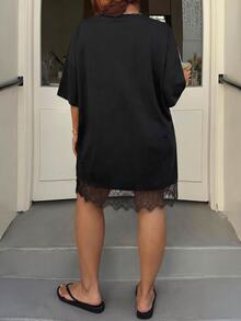 GalTyme Plus Size Women's Solid Color Round Neck Drop Shoulder Lace Hem Loose Dress Concert Black Summer Business Casual - Black - View 8