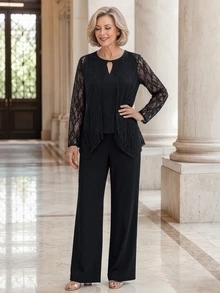 EMERY ROSE Elegant Romantic Lace Sequin Top And Loose Pants Set For Middle-Aged And Elderly Women Wedding Night Black Summer - Black - View 5