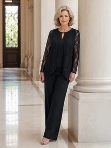 EMERY ROSE Elegant Romantic Lace Sequin Top And Loose Pants Set For Middle-Aged And Elderly Women Wedding Night Black Summer - Black - View 4