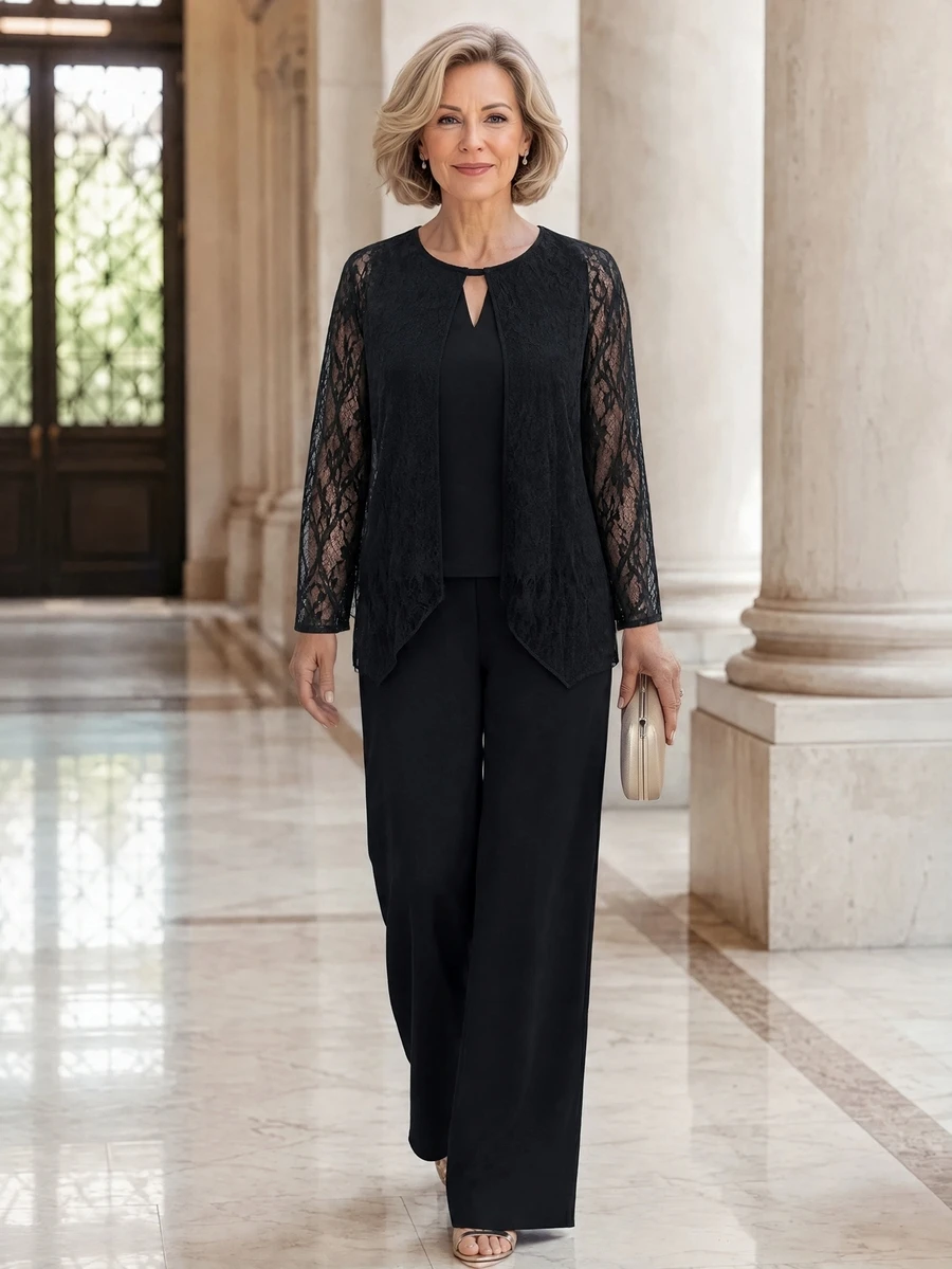EMERY ROSE Elegant Romantic Lace Sequin Top And Loose Pants Set For Middle-Aged And Elderly Women Wedding Night Black Summer - Black - View 1