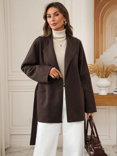 EMERY ROSE Abrigo de lana de mezcla vintage de longitud media para mujer, chaqueta de lana de otoño/invierno