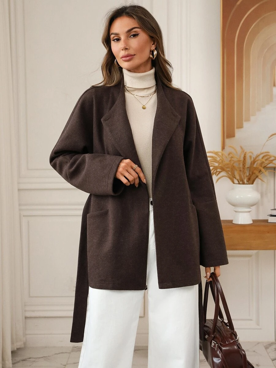 EMERY ROSE Women's Vintage Wool Blend Mid-Length Coat, Autumn/Winter Wool Jacket - Brown - View 1