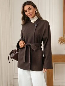 EMERY ROSE Women's Vintage Wool Blend Mid-Length Coat, Autumn/Winter Wool Jacket - Brown - View 4