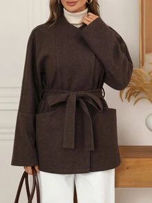 EMERY ROSE Women's Vintage Wool Blend Mid-Length Coat, Autumn/Winter Wool Jacket - Brown - View 3