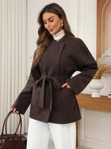 EMERY ROSE Women's Vintage Wool Blend Mid-Length Coat, Autumn/Winter Wool Jacket - Brown - View 5