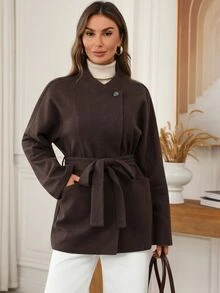 EMERY ROSE Women's Vintage Wool Blend Mid-Length Coat, Autumn/Winter Wool Jacket - Brown - View 8