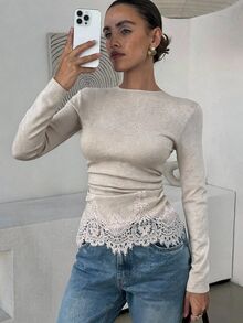 Lavishia Women's Elegant Autumn Light Gray Round Neck Long Sleeve Slim Fit T-Shirt, Contrast Color Lace Embroidered Ruffle Hem Top, Versatile Autumn Top - Apricot - View 1