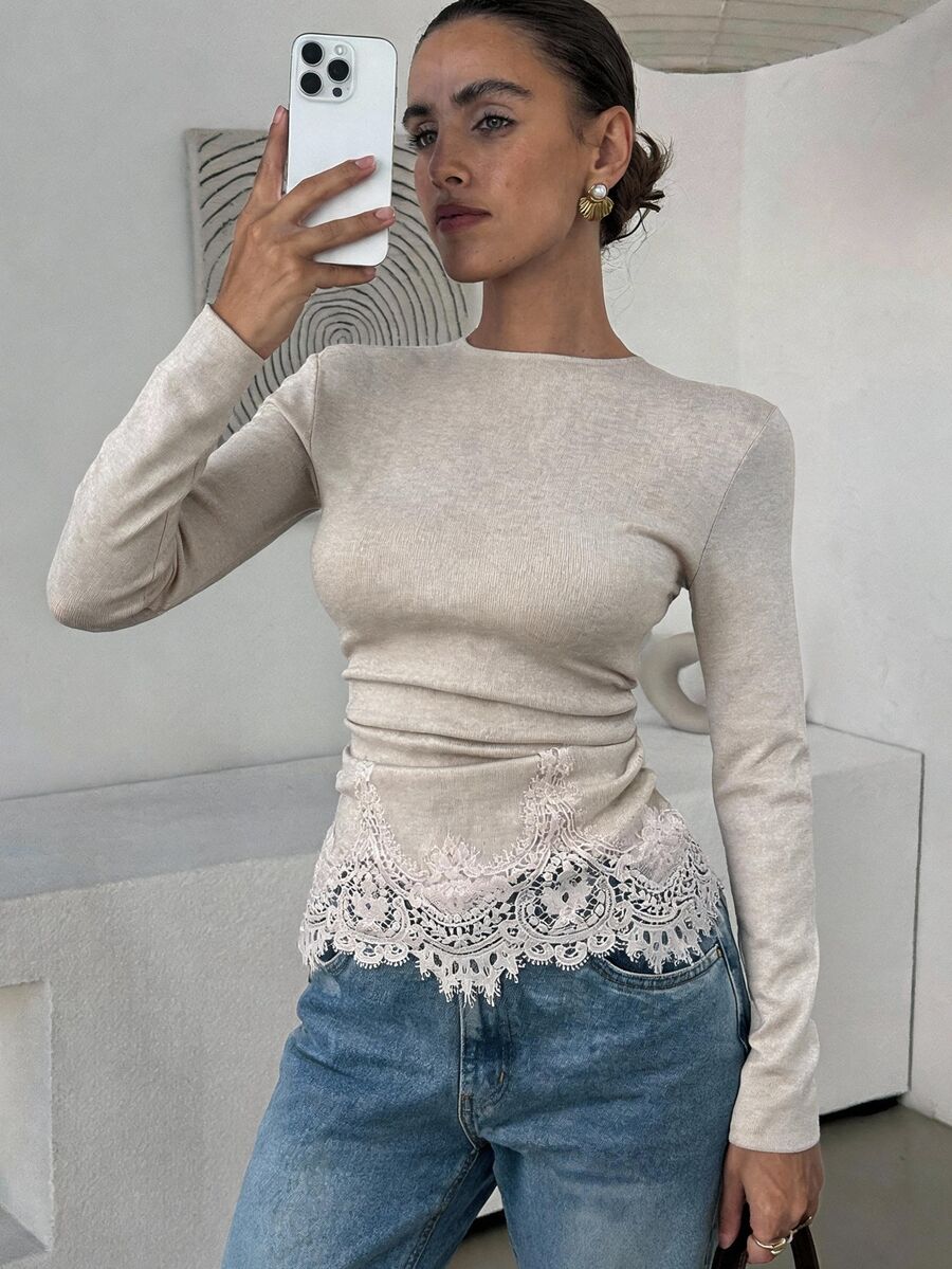 Lavishia Women's Elegant Autumn Light Gray Round Neck Long Sleeve Slim Fit T-Shirt, Contrast Color Lace Embroidered Ruffle Hem Top, Versatile Autumn Top - Apricot - View 1