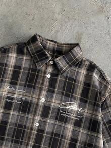 AXEPEAK Men's Plaid Letter Print Single-Breasted Short Sleeve Shirt For Daily Wear - Multicolor - View 5