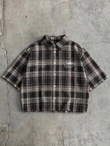 AXEPEAK Men's Plaid Letter Print Single-Breasted Short Sleeve Shirt For Daily Wear - Multicolor - View 3