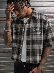 AXEPEAK Men's Plaid Letter Print Single-Breasted Short Sleeve Shirt For Daily Wear - Multicolor - View 7