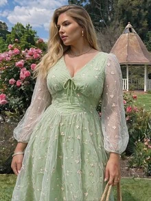 SHEIN MOD Plus Size Fashion Women's Formal Green Embroidered Mesh A-Line Midi Dress, V-Neck Puff Sleeve Design, Perfect For Evening Parties And Special Occasions. Green - Green - View 6