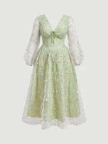 SHEIN MOD Plus Size Fashion Women's Formal Green Embroidered Mesh A-Line Midi Dress, V-Neck Puff Sleeve Design, Perfect For Evening Parties And Special Occasions. Green - Green - View 2