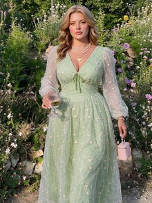 SHEIN MOD Plus Size Fashion Women's Formal Green Embroidered Mesh A-Line Midi Dress, V-Neck Puff Sleeve Design, Perfect For Evening Parties And Special Occasions. Green - Green - View 7