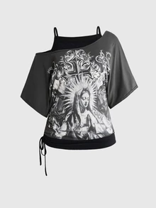 ROMWE Grunge Punk Vintage Music Festival Party Skull Tie-Dye Print Loose Asymmetrical Shoulder 2 In 1 Plus Size T-Shirt - Dark Grey - View 1