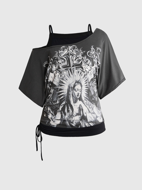 Grunge Punk Vintage Music Festival Party Skull Tie-Dye Print Loose Asymmetrical Shoulder 2 In 1 Plus Size T-Shirt