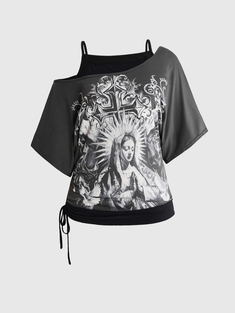 ROMWE Grunge Punk Vintage Music Festival Party Skull Tie-Dye Print Loose Asymmetrical Shoulder 2 In 1 Plus Size T-Shirt - Dark Grey - View 1