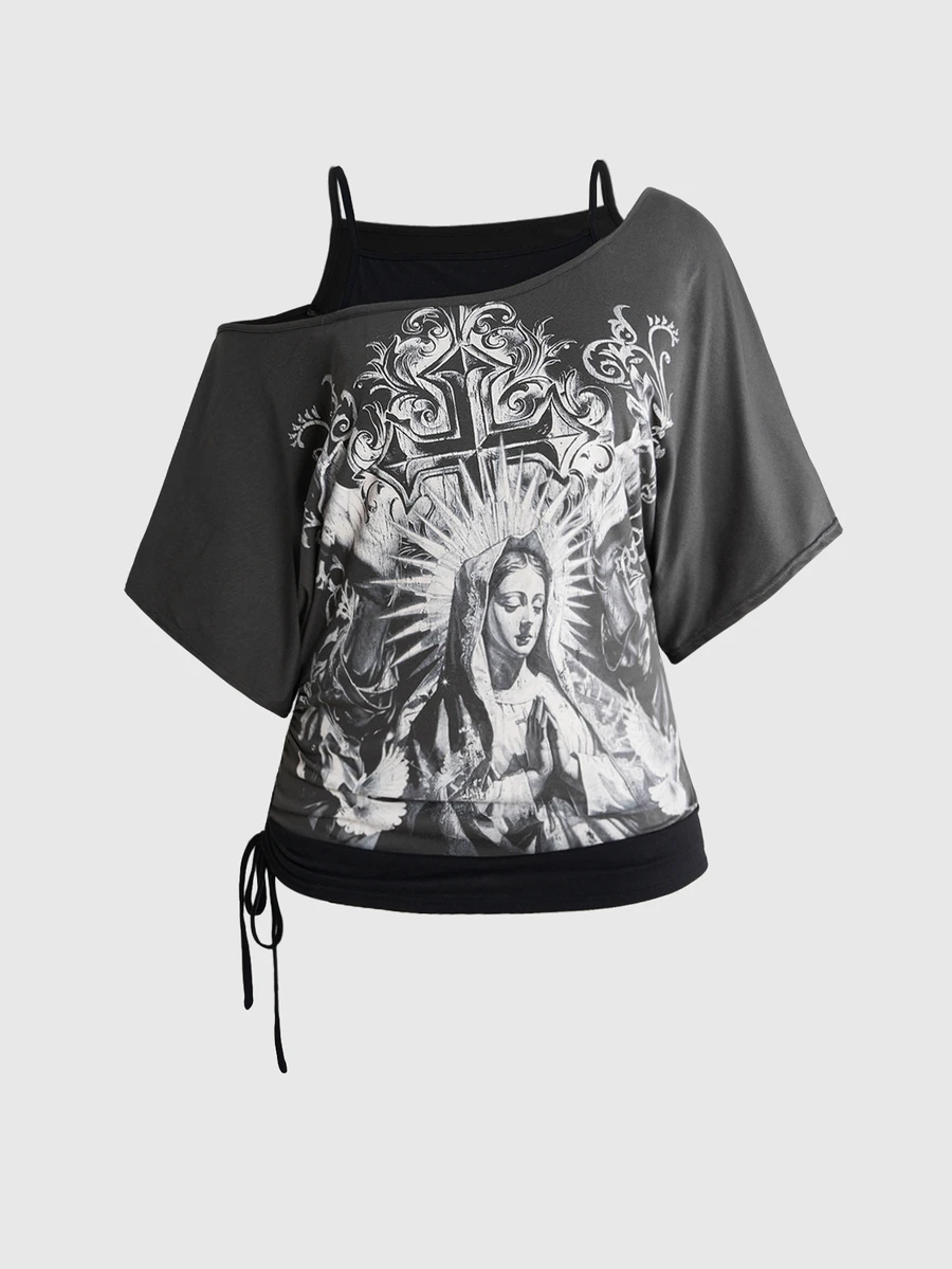 ROMWE Grunge Punk Vintage Music Festival Party Skull Tie-Dye Print Loose Asymmetrical Shoulder 2 In 1 Plus Size T-Shirt - Dark Grey - View 1