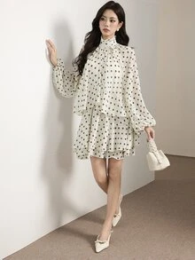 Heiryn Women's Polka Dot Print Fashion Romantic Elegant Ruffle Hem Dress Garden Party Tea Date Black White Autumn - Black and White - View 7