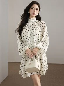 Heiryn Women's Polka Dot Print Fashion Romantic Elegant Ruffle Hem Dress Garden Party Tea Date Black White Autumn - Black and White - View 1