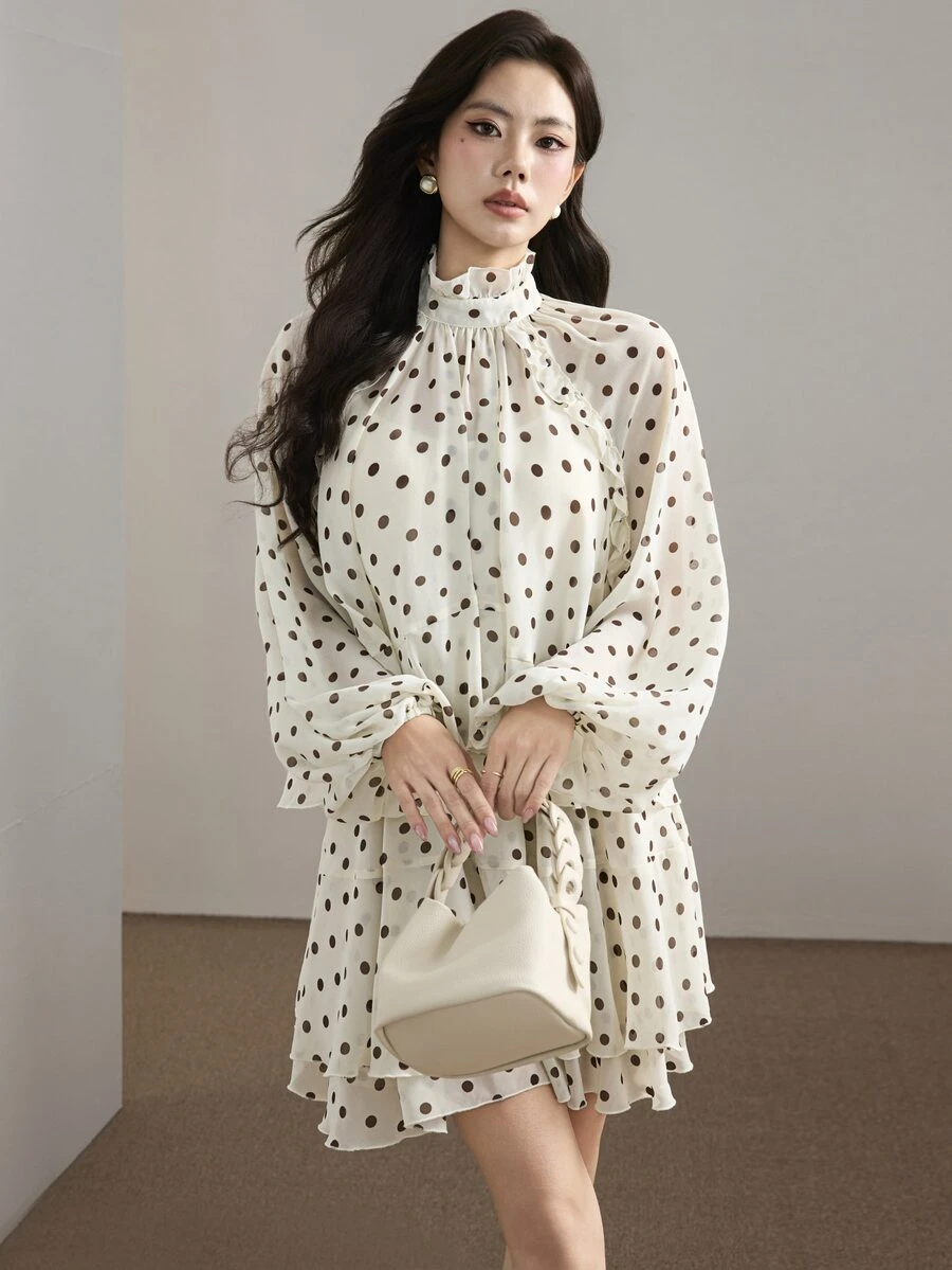 Heiryn Women's Polka Dot Print Fashion Romantic Elegant Ruffle Hem Dress Garden Party Tea Date Black White Autumn - Black and White - View 1