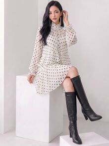 Heiryn Women's Polka Dot Print Fashion Romantic Elegant Ruffle Hem Dress Garden Party Tea Date Black White Autumn - Black and White - View 8