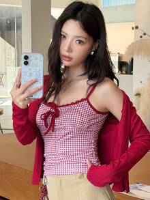 K-Vae Women's Bowknot Strap Plaid Camisole Top With Solid Color Knit Cardigan 2 Pieces Set - Red - View 2