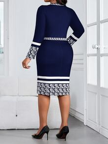 SHEIN Lady Plus Size Women Geometric Print 2 In 1 Long Sleeve Fitted Office Cocktail Formal/Commute Navy Blue Dress Autumn Outfit Elegant Fall Teachers' Day - Navy Blue - View 2