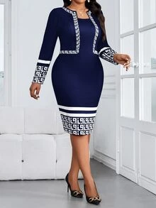 SHEIN Lady Plus Size Women Geometric Print 2 In 1 Long Sleeve Fitted Office Cocktail Formal/Commute Navy Blue Dress Autumn Outfit Elegant Fall Teachers' Day - Navy Blue - View 4