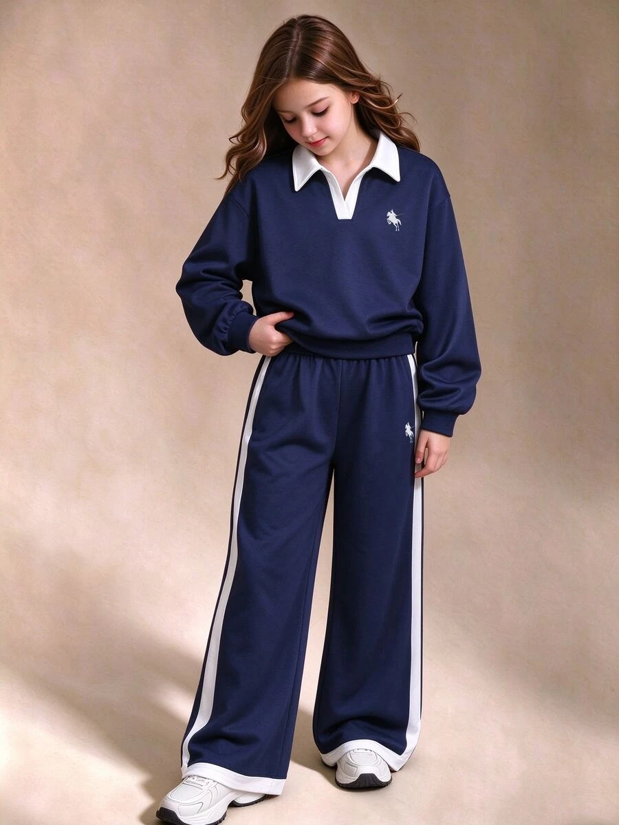SHEIN Tween Girls Fall Casual Athletic 80s 2 Pieces Set New York Letter Print Stand Collar Sweatshirt And Shorts Set White Navy Blue Jogging School Sport - Multicolor - View 1