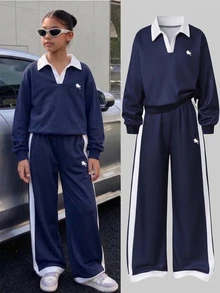 SHEIN 青少年女孩秋季休閒運動風 80 年代 2 件套 紐約字母印花立領運動衫與短褲套裝 白色海軍藍 慢跑校園運動 - 彩色 - 查看 1