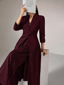 Heiryn 2pcs Women Casual Striped Long Jacket And Pants Set, For Autumn 2 Pieces Set,Work Outfits For Women - Burgundy - View 5