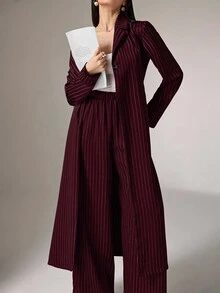 Heiryn 2pcs Women Casual Striped Long Jacket And Pants Set, For Autumn 2 Pieces Set,Work Outfits For Women - Burgundy - View 4