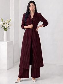 Heiryn 2pcs Women Casual Striped Long Jacket And Pants Set, For Autumn 2 Pieces Set,Work Outfits For Women - Burgundy - View 1