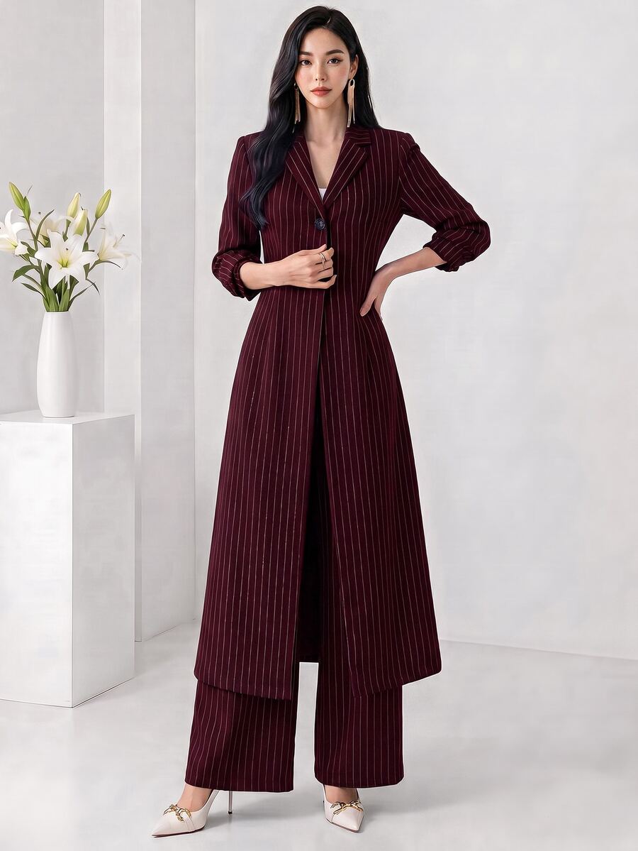 Heiryn 2pcs Women Casual Striped Long Jacket And Pants Set, For Autumn 2 Pieces Set,Work Outfits For Women - Burgundy - View 1