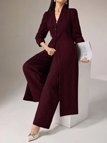 Heiryn 2pcs Women Casual Striped Long Jacket And Pants Set, For Autumn 2 Pieces Set,Work Outfits For Women - Burgundy - View 2