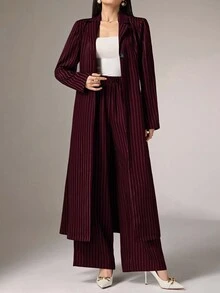 Heiryn 2pcs Women Casual Striped Long Jacket And Pants Set, For Autumn 2 Pieces Set,Work Outfits For Women - Burgundy - View 7