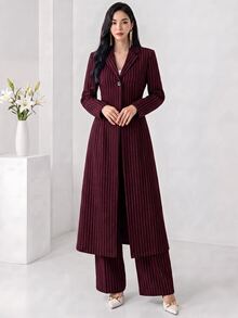 Heiryn 2pcs Women Casual Striped Long Jacket And Pants Set, For Autumn 2 Pieces Set,Work Outfits For Women - Burgundy - View 3