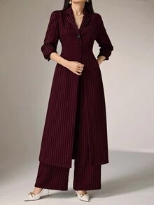 Heiryn 2pcs Women Casual Striped Long Jacket And Pants Set, For Autumn 2 Pieces Set,Work Outfits For Women - Burgundy - View 8