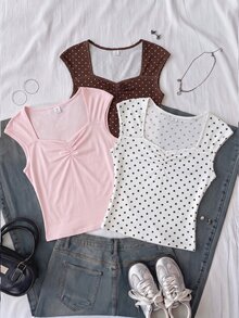 Teen Girl Solid Color Sweetheart Neck Pleated Casual Tank Top Pcs - Multicolor - View 4