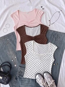 Teen Girl Solid Color Sweetheart Neck Pleated Casual Tank Top Pcs - Multicolor - View 5