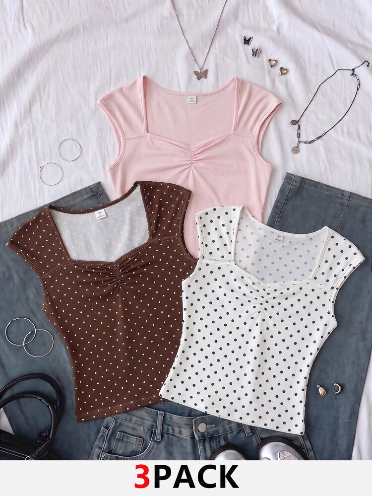 Teen Girl Solid Color Sweetheart Neck Pleated Casual Tank Top Pcs - Multicolor - View 3
