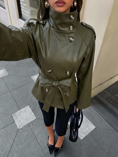 Aloruh Vêtements femme automne/hiver, trench-coat vert olive, veste en PU, manteau chaud