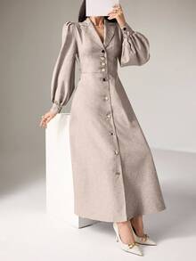 Heiryn Women's Solid Color Lapel NeckPuffed Long Sleeve Single-Breasted Elegant Dress,Work Dresses - Khaki - View 4